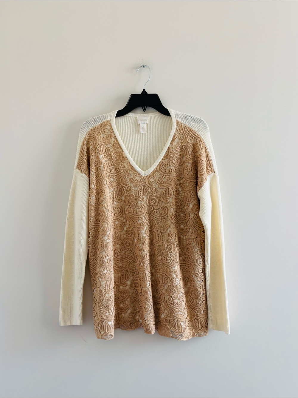 Chico’s Sweater Beige Crochet Lace Overlay V-Neck Long Sleeve L Coastal Preppy